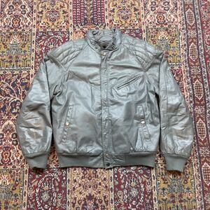 VTG Equus Gray Leather Moto Bomber Jacket Quilted Shoulders Zip Up M FLAW heavy